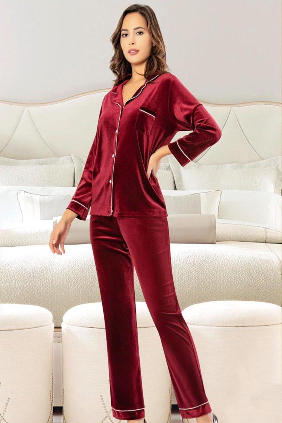 Bordo Kadife Emzirme Açıklığına Sahip Lohusa Pijama Takımı XSES 5500 - Bordo