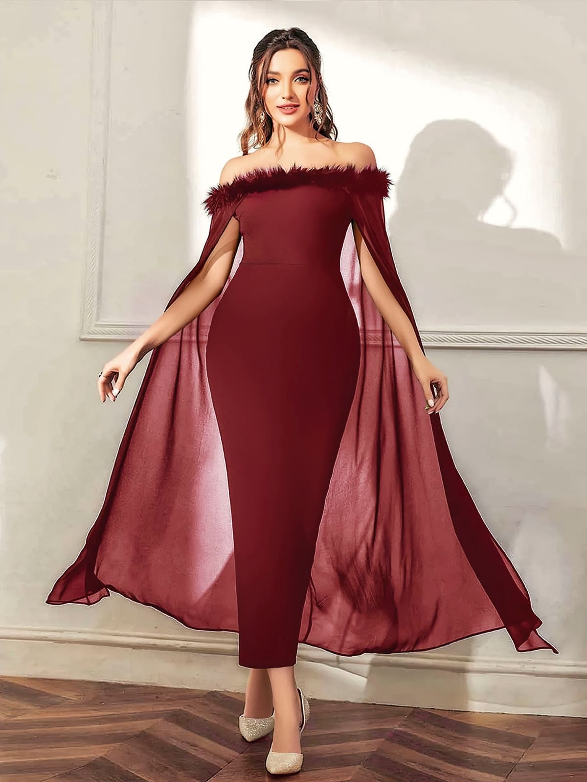 Bordo Peluş Uzun Elbise Pelerinli Pink Night 5546 - Bordo