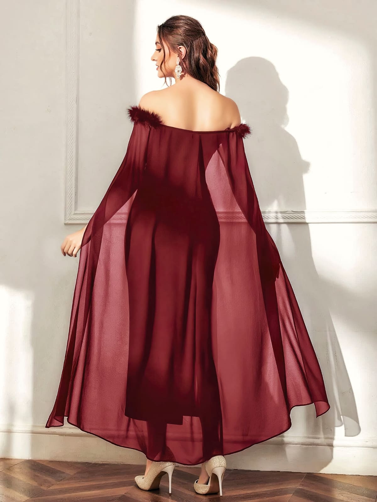 Bordo Peluş Uzun Elbise Pelerinli Pink Night 5546 - Bordo