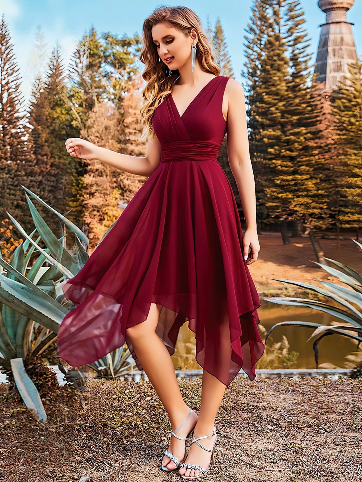 Bordo Uzun Elbise Esnek Kumaş Pink Night 5543 - Bordo