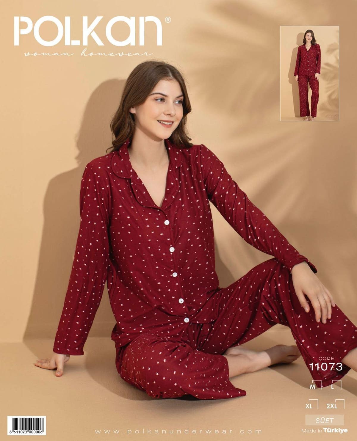 Bordo Yıldız Desenli Uzun Kollu Pijama Takımı Polkan 11073 - Bordo