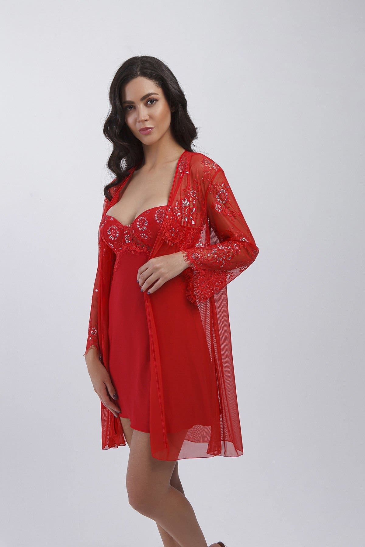 Dantelli Tüllü Gecelik Sabahlık 4'lü Set Büşra 4416 - Kırmızı