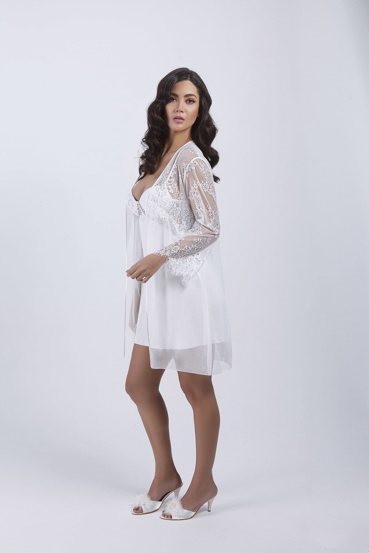 Dantelli Tüllü Gecelik Sabahlık 4'lü Set Büşra 4416 - Ekru