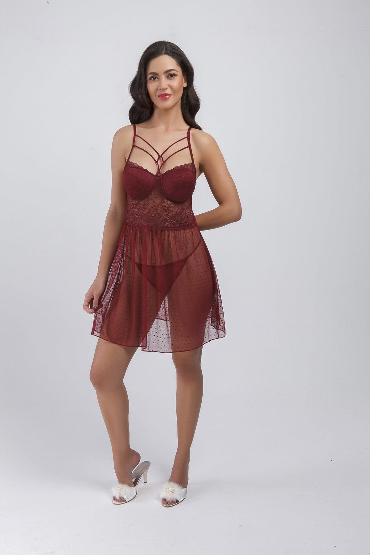 Puantiyeli Balensiz Fantazi Gecelik Büşra 782 - Bordo