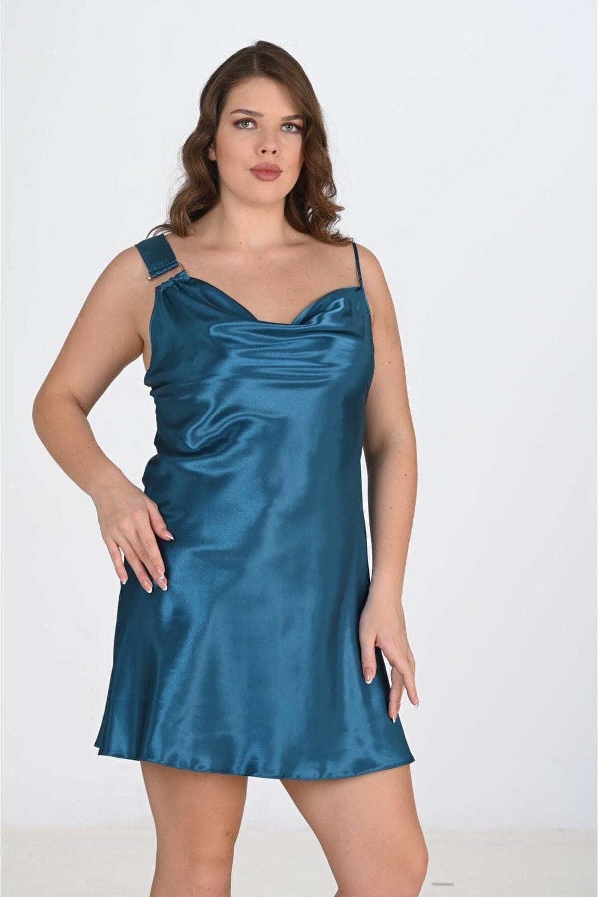 Büyük Beden Saten Gecelik Sabahlık Takımı Ahu 6206 - Lacivert