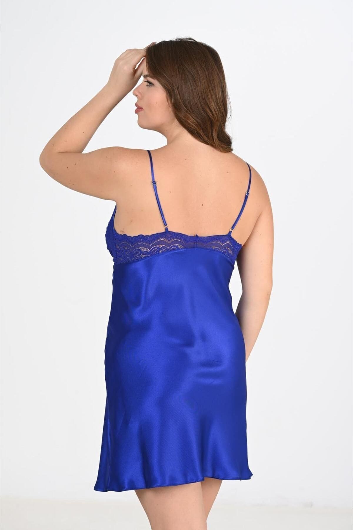 Büyük Beden Ekru Saks Sabahlık Gecelik Takım Ahu 6211 - Lacivert