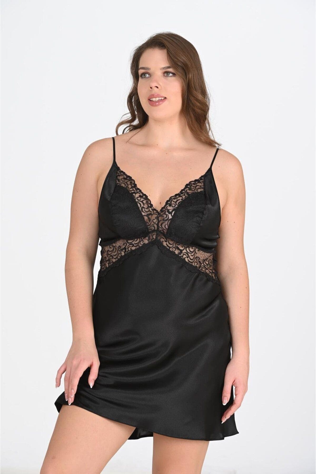 Büyük Beden Somon Renkli Sabahlık Gecelik Takımı Ahu 6201 - Siyah