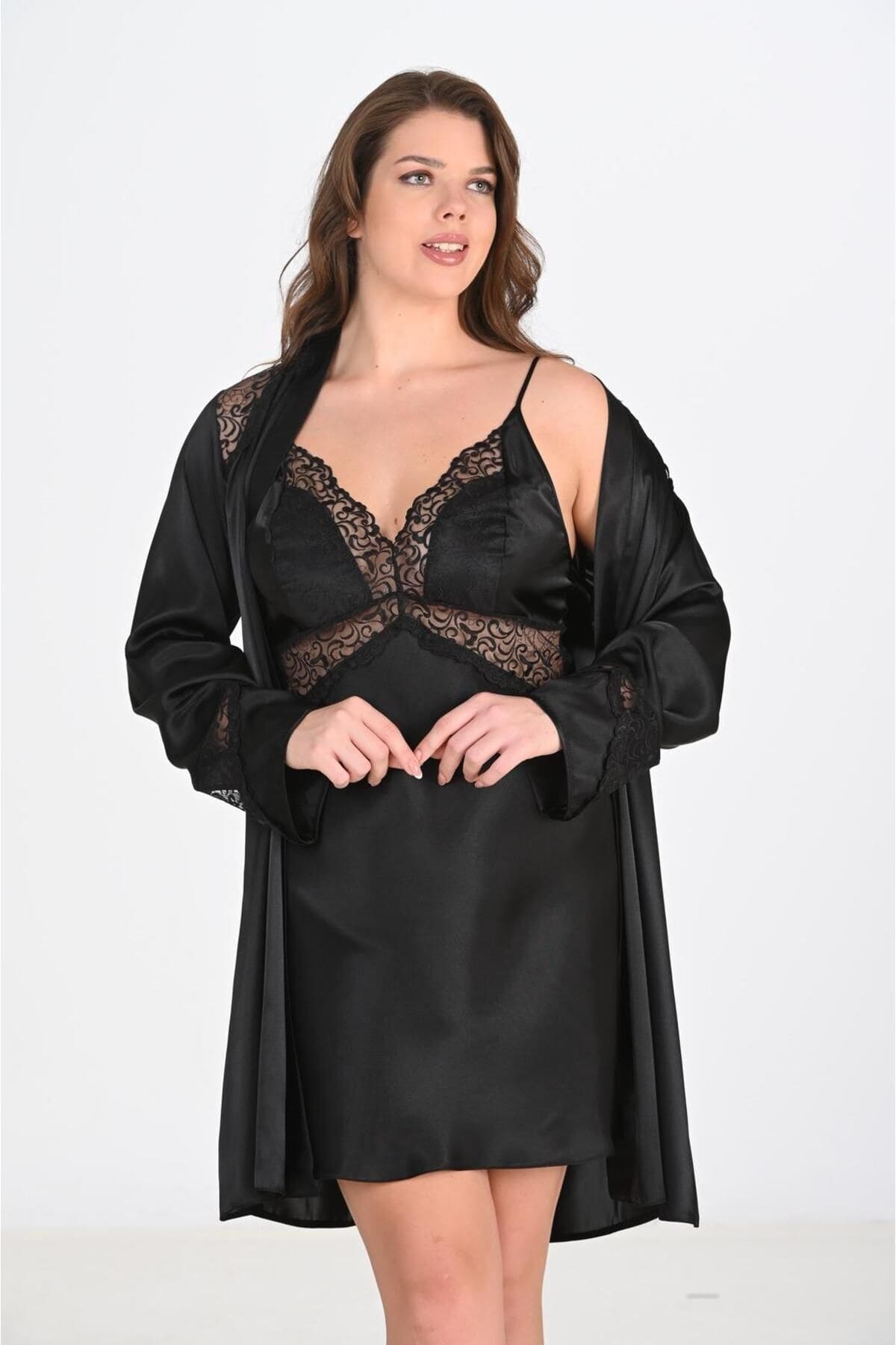 Büyük Beden Somon Renkli Sabahlık Gecelik Takımı Ahu 6201 - Siyah