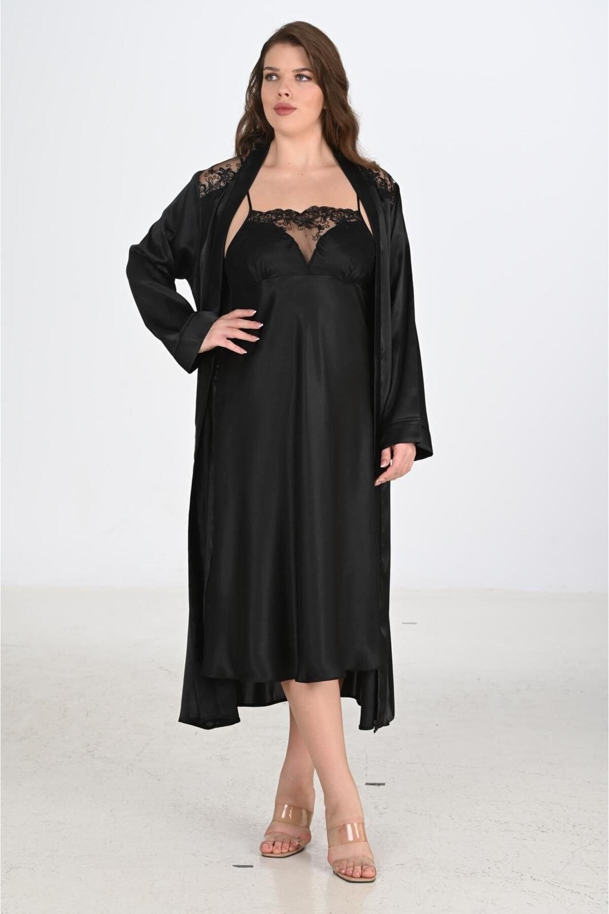 Büyük Beden Somon Renk Sabahlıklı Gecelik Takımı Ahu 6221 - Siyah