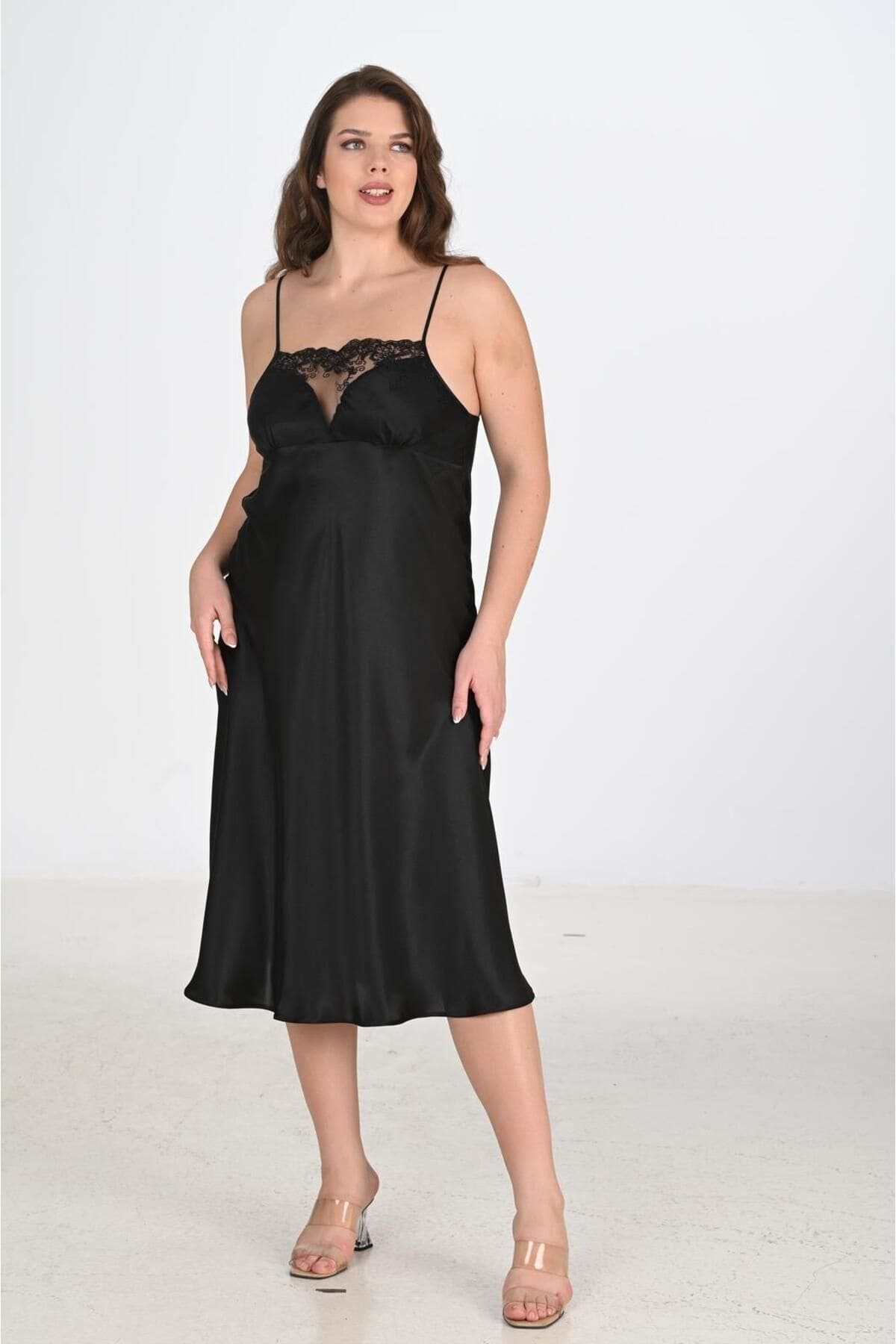 Büyük Beden Somon Renk Sabahlıklı Gecelik Takımı Ahu 6221 - Siyah