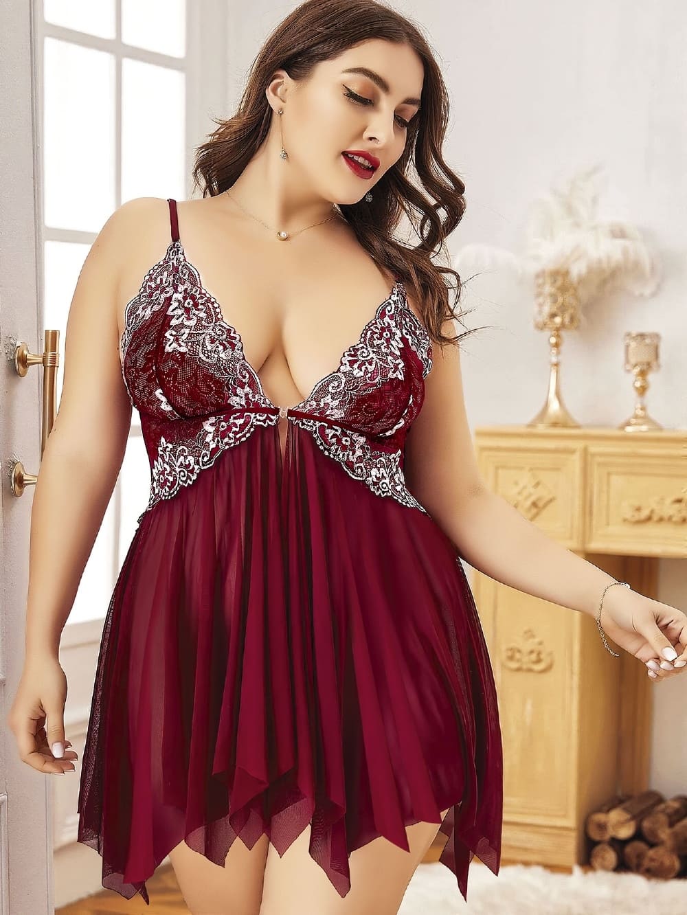 Pink Night Büyük Beden Bordo Dantel İşlemeli Gecelik Fantezi Body Pink Night 6690