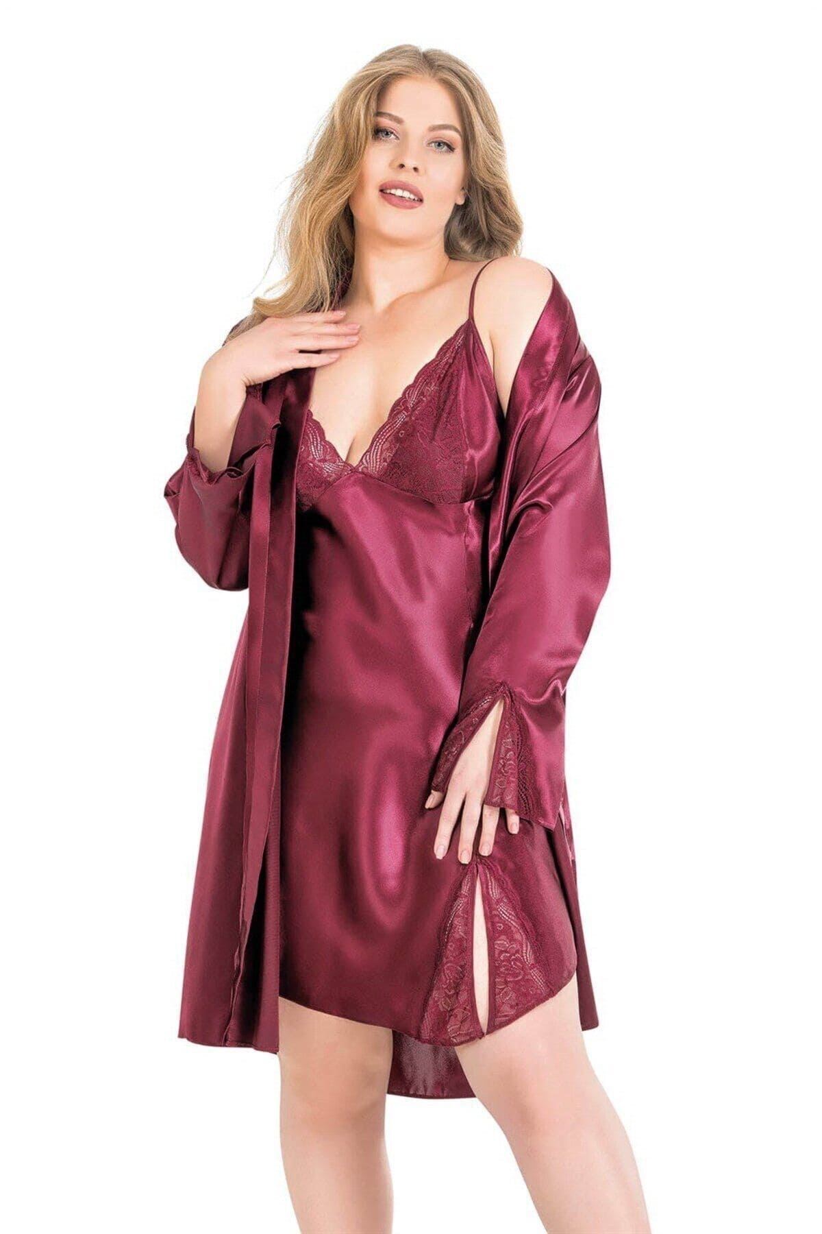 Büyük Beden Bordo Saten Gecelik Sabahlık Takımı Ahu 6156 - Bordo
