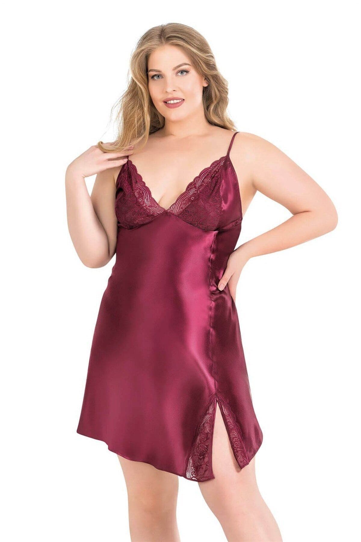 Büyük Beden Bordo Saten Gecelik Sabahlık Takımı Ahu 6156 - Bordo