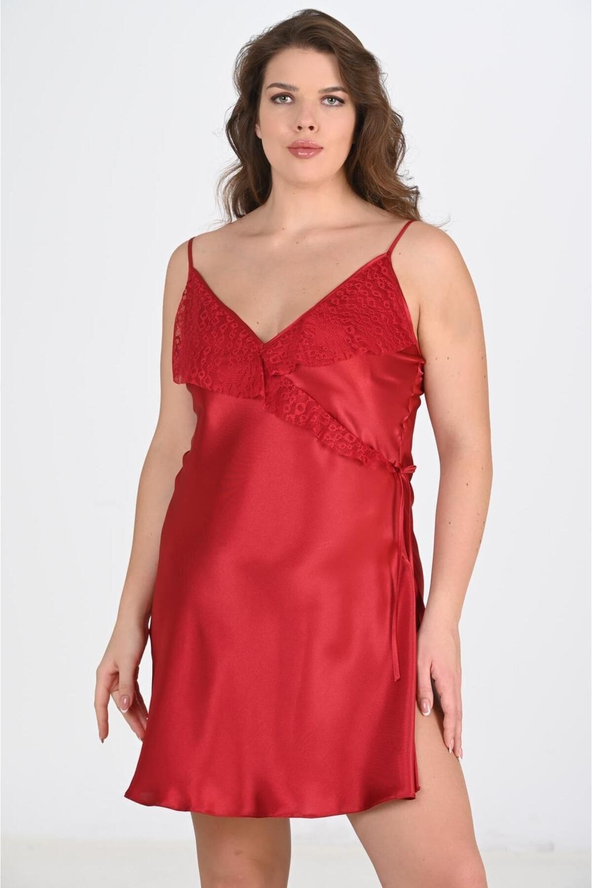 Büyük Beden Bordo Saten Kadın Gecelik Ahu 2107 - Bordo