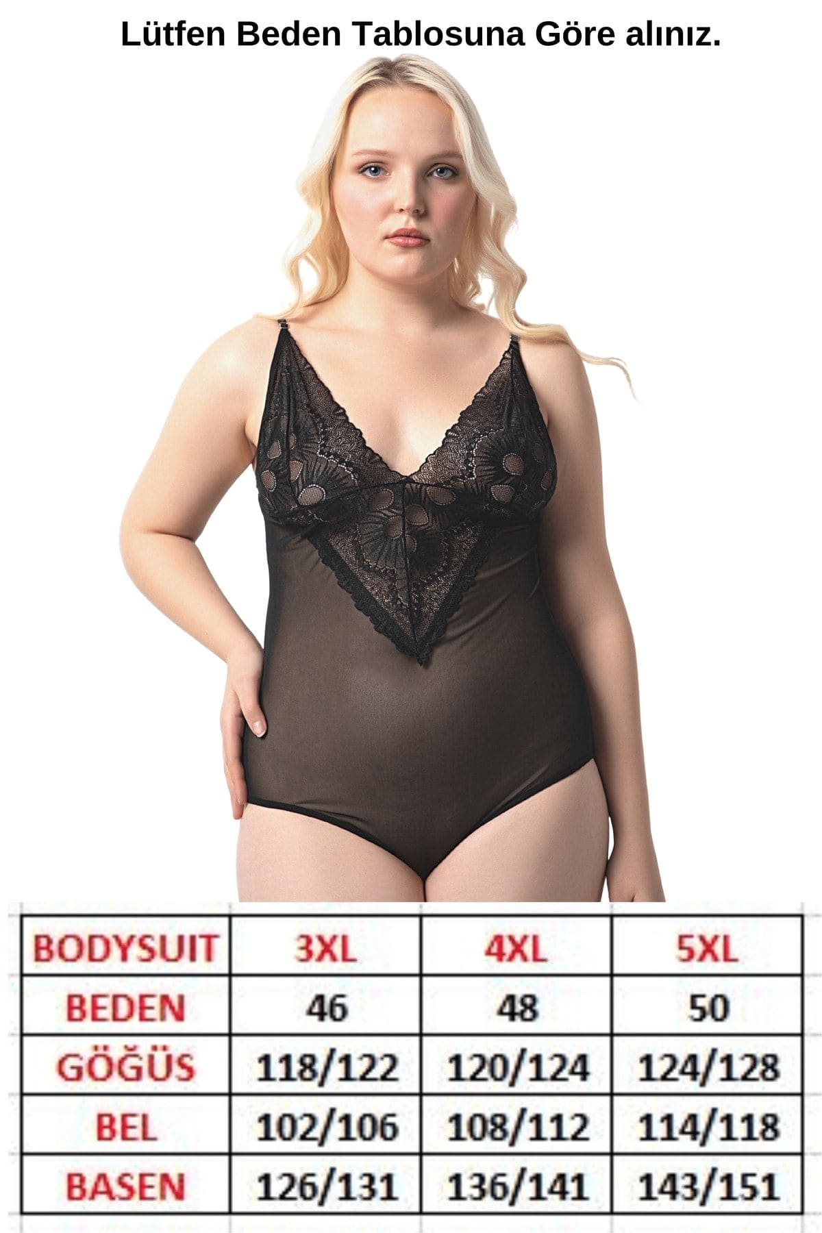 Büyük Beden Transparan Bodysuit Dantel Detaylı Donex 8020 - Siyah