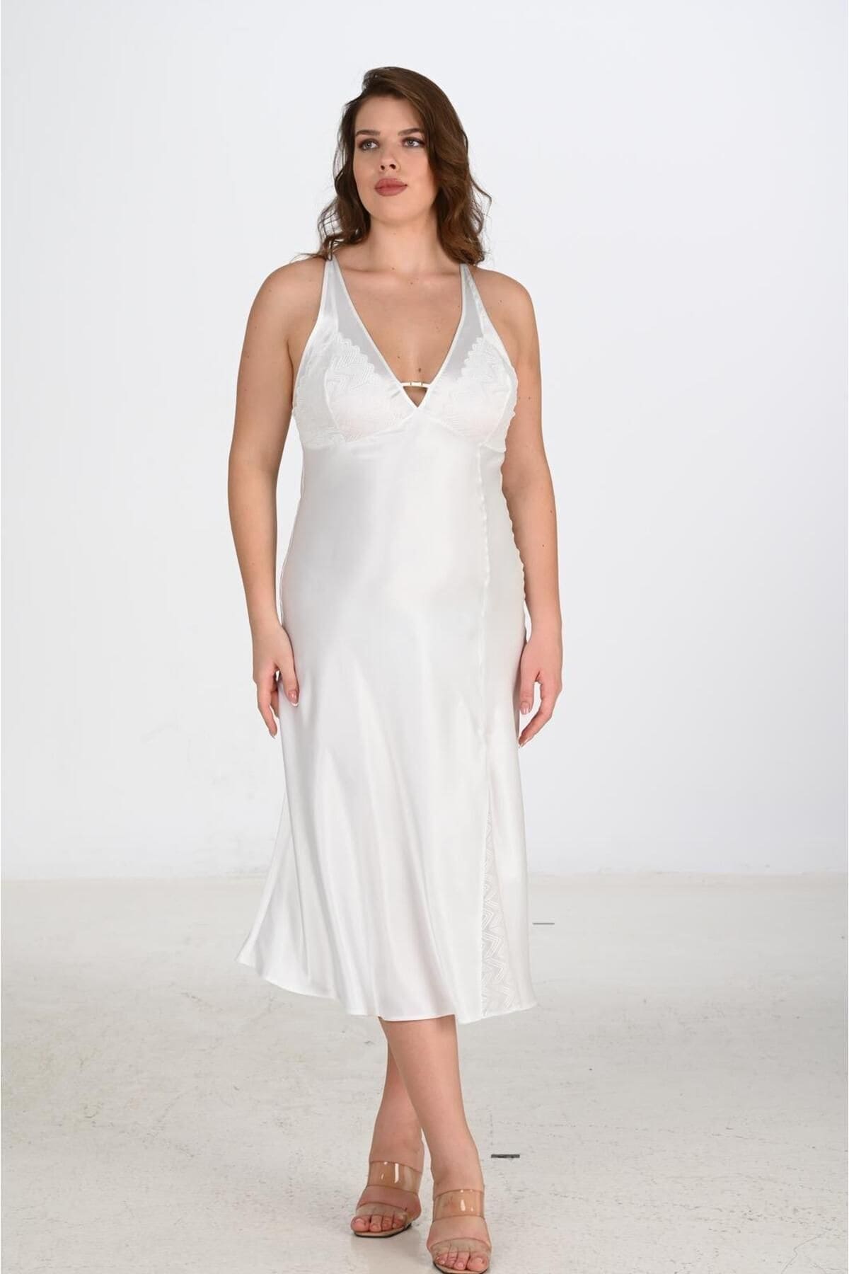 Büyük Beden Ekru Sabahlık Gecelik Takımı Ahu 6224 - Ekru