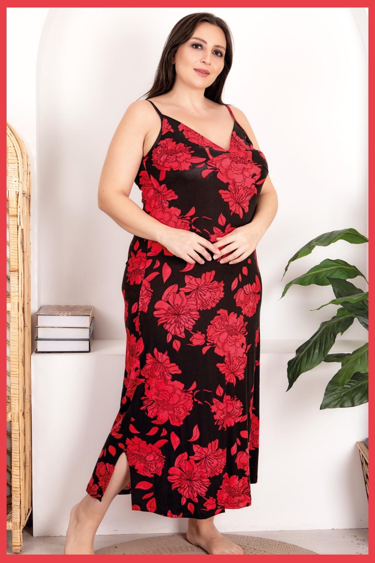 Kırmızı Çiçek Desenli Büyük Beden Gecelik Lady 7270 - Kırmızı