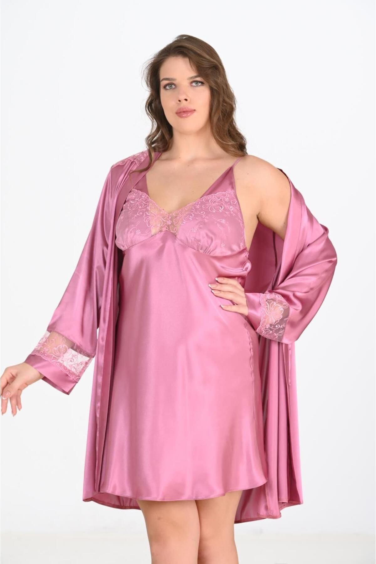Saten Büyük Beden Gecelik Sabahlık Takımı Ahu 6204 - Pembe
