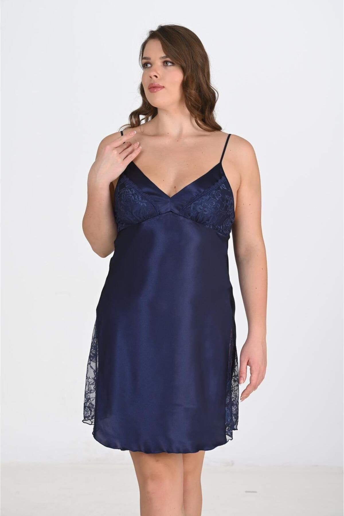 Ekru Dantel Tek Parça Gecelik Ahu 2111 - Lacivert