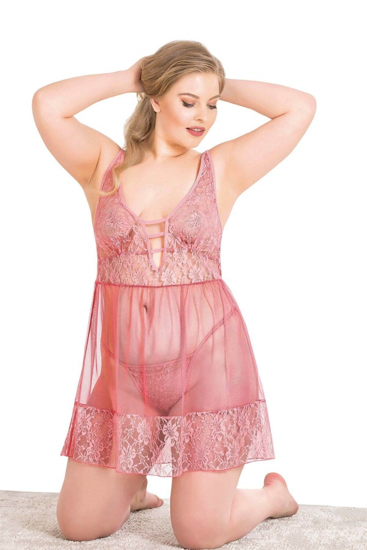 Büyük Beden Bordo Kısa Tül Gecelik Ahu 3020 - Mercan