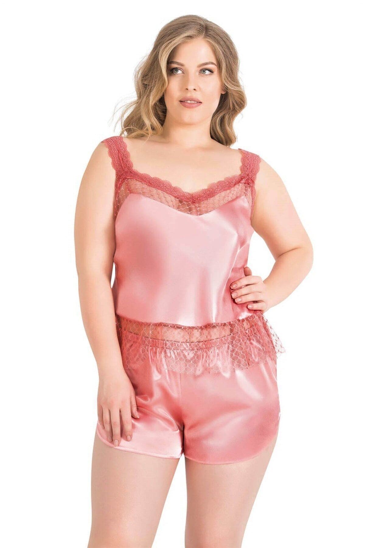 Büyük Beden Saten Babydoll Şort Takımı Bordo Ahu 1058 - Mercan