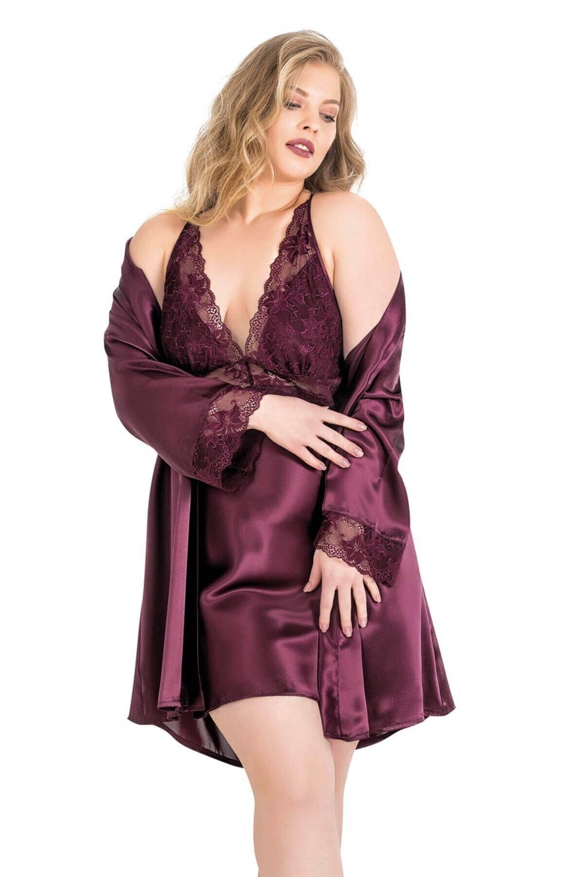 Ahu Lingerie Saten Kısa Sabahlık Gecelik Takımı Büyük Beden Ahu 6162