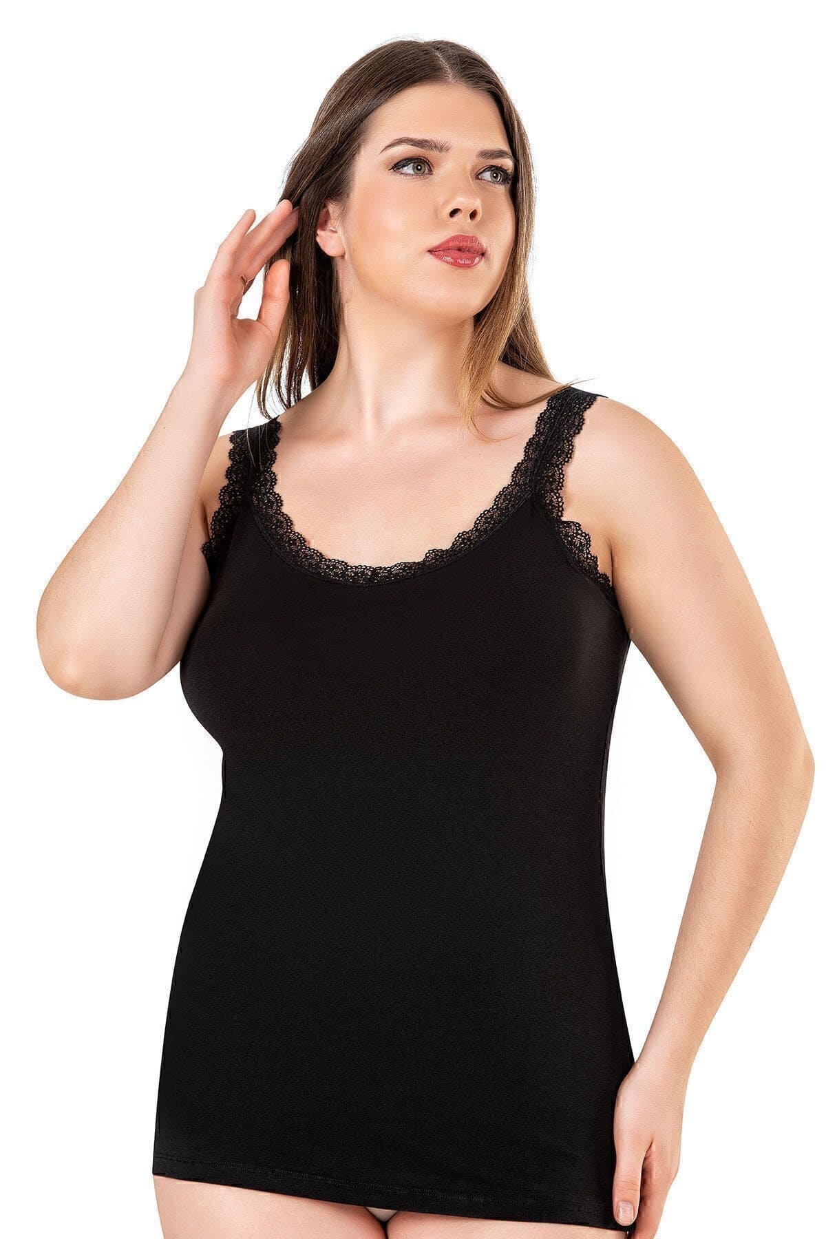 Pamuklu Dantel Detaylı Kalın Askılı Kadın Atlet Özkan 26802 - Siyah