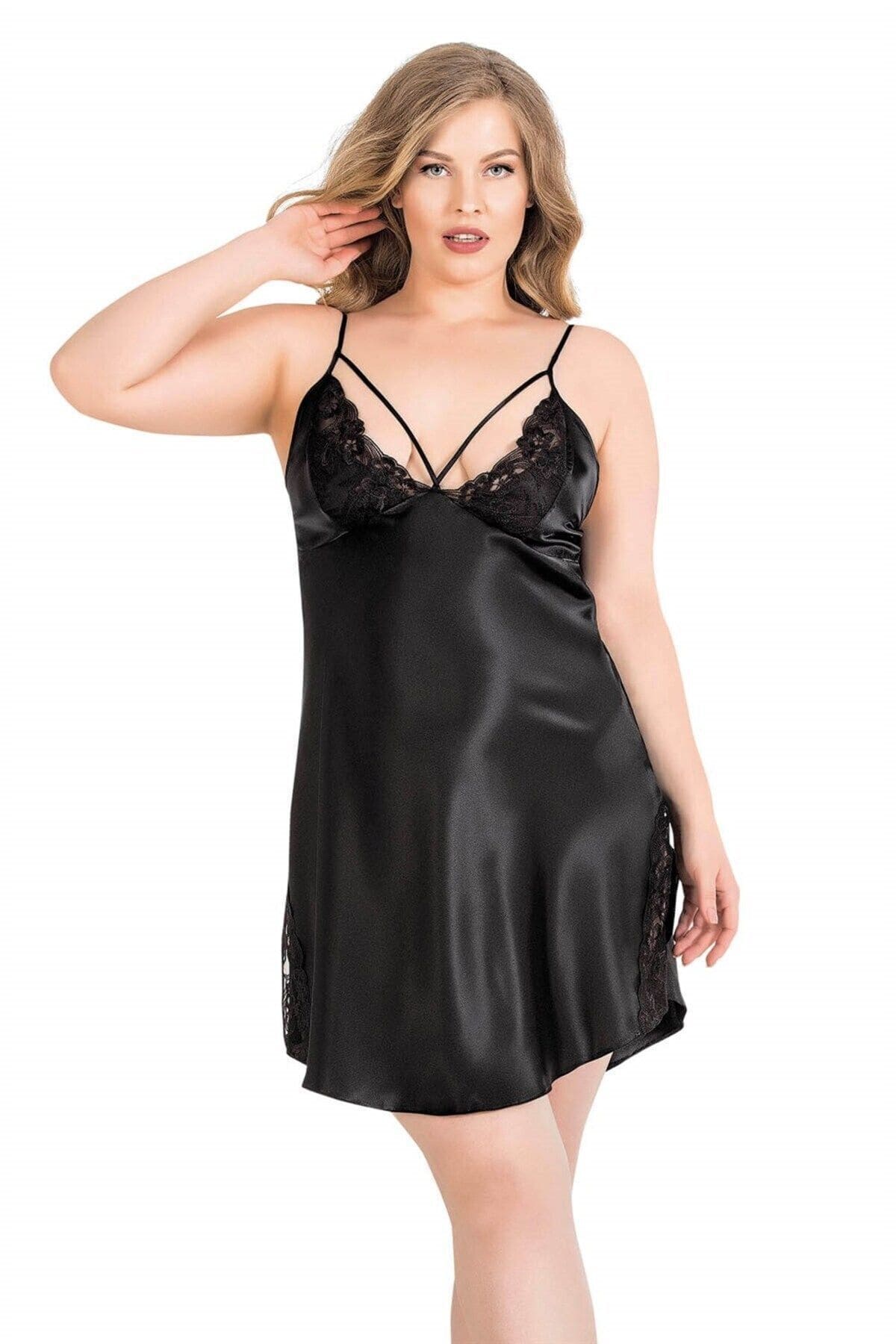 Büyük Beden Siyah Saten Gecelik Takımı Ahu Lingerie 6151 - Siyah