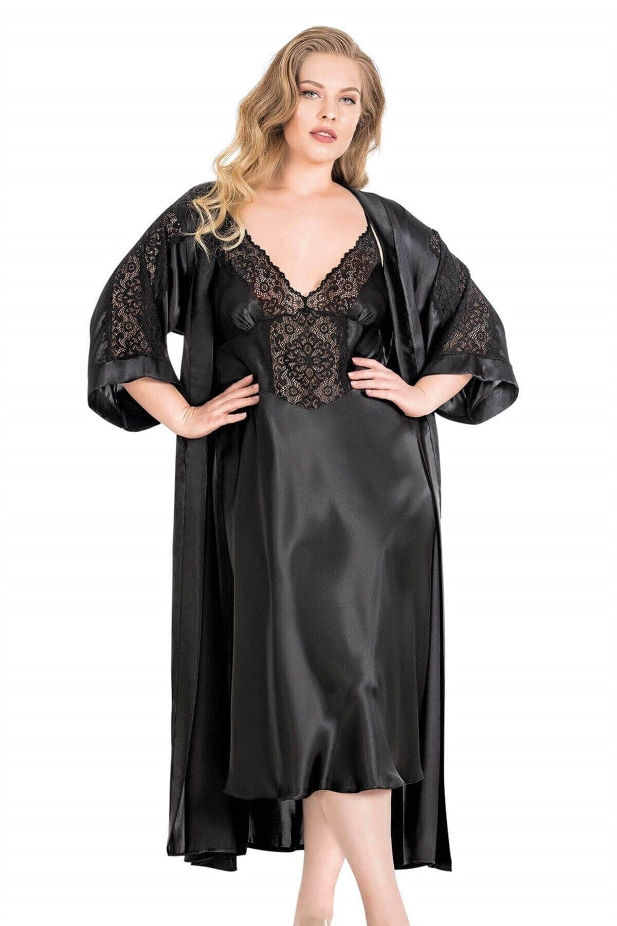 Büyük Beden Saten Uzun Gecelik Takımı Ahu Lingerie 6173 - Siyah