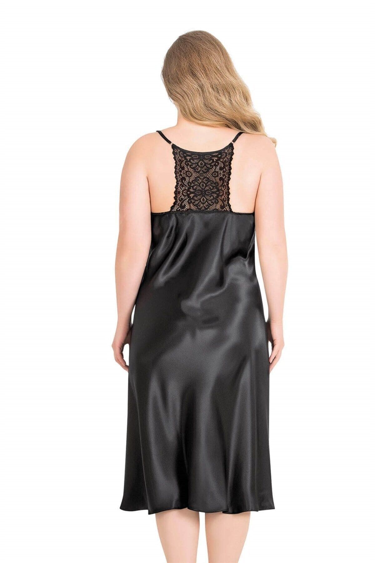 Büyük Beden Saten Uzun Gecelik Takımı Ahu Lingerie 6173 - Siyah
