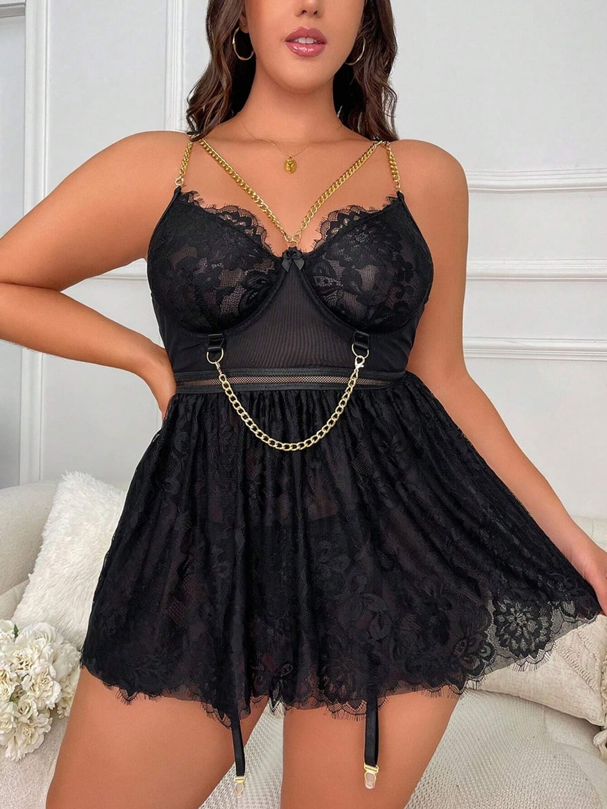 For Dreams Büyük Beden Dantelli Siyah Body Zincir Detay For Dreams 8487