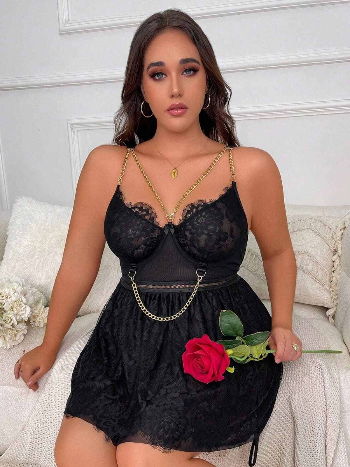 For Dreams Büyük Beden Dantelli Siyah Body Zincir Detay For Dreams 8487 - Görsel 4