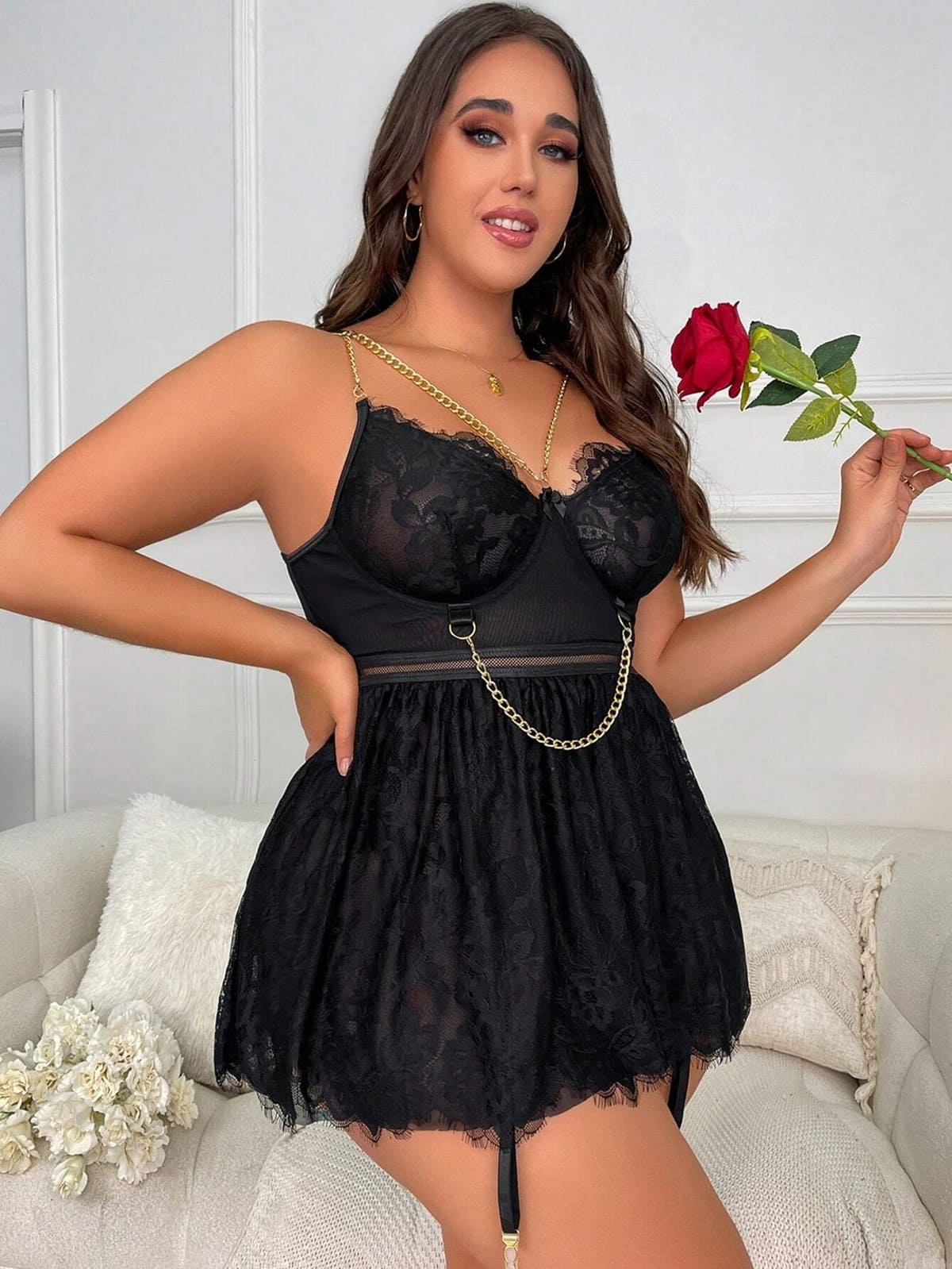 For Dreams Büyük Beden Dantelli Siyah Body Zincir Detay For Dreams 8487 - Görsel 5