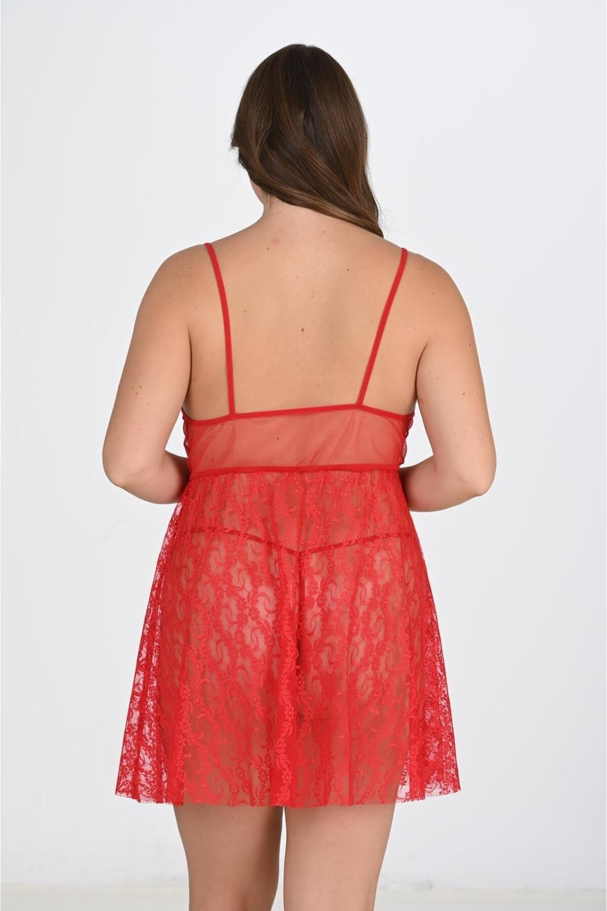 Tek Parça Tül Dantelli Kadın Gecelik Ahu 3040 - Kırmızı