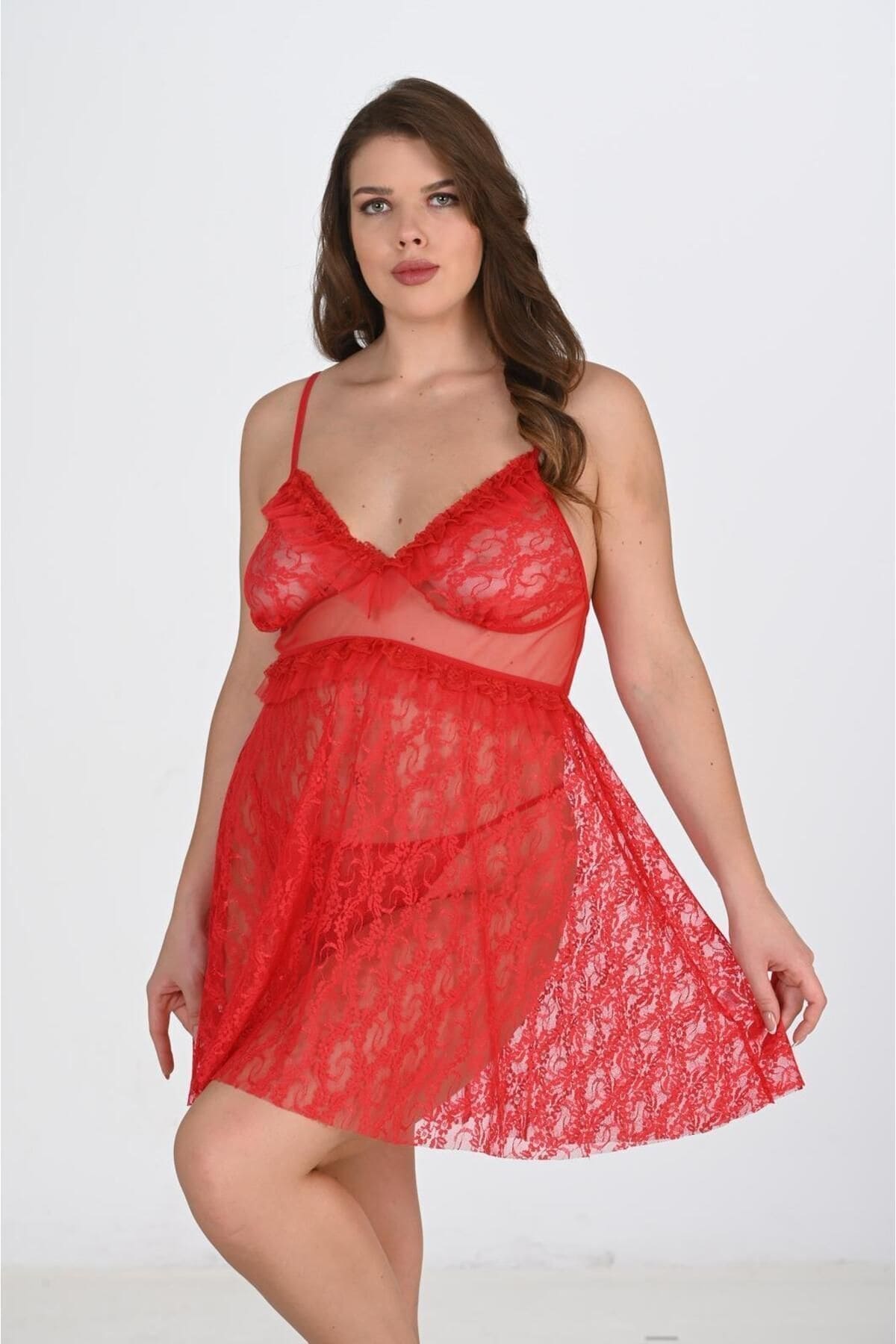 Tek Parça Tül Dantelli Kadın Gecelik Ahu 3040 - Kırmızı