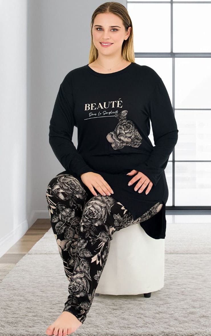 Büyük Beden Viskon Uzun Kollu Pijama Takımı Lady 11394 - Görsel