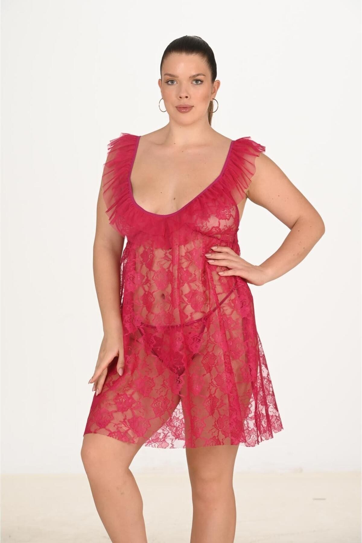 Büyük Beden Vişne Dantel Body Ahu Lingerie 3043 - Kırmızı