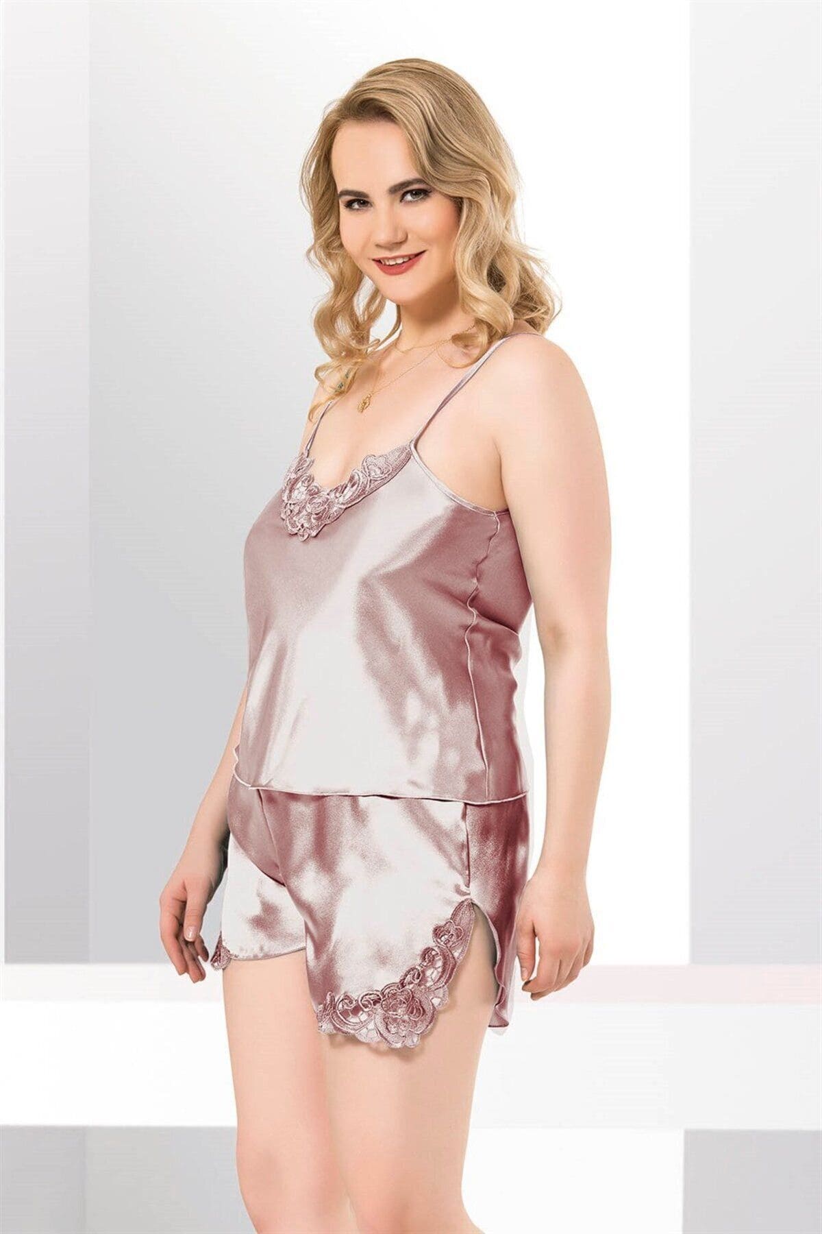 Büyük Beden Vizon Saten Babydoll Şort Takımı Ahu 1024 - Vizon