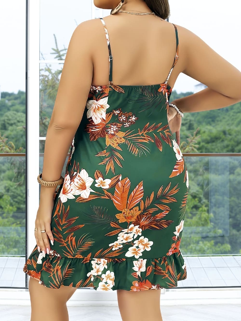 Büyük Beden Yeşil Çiçekli Fırfır Mini Elbise Pink Night 6623 - Yeşil