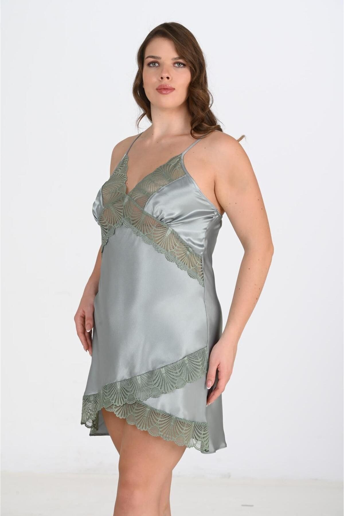 Saten Dantelli Büyük Beden Gecelik Yeşil Ahu 2113 - Yeşil