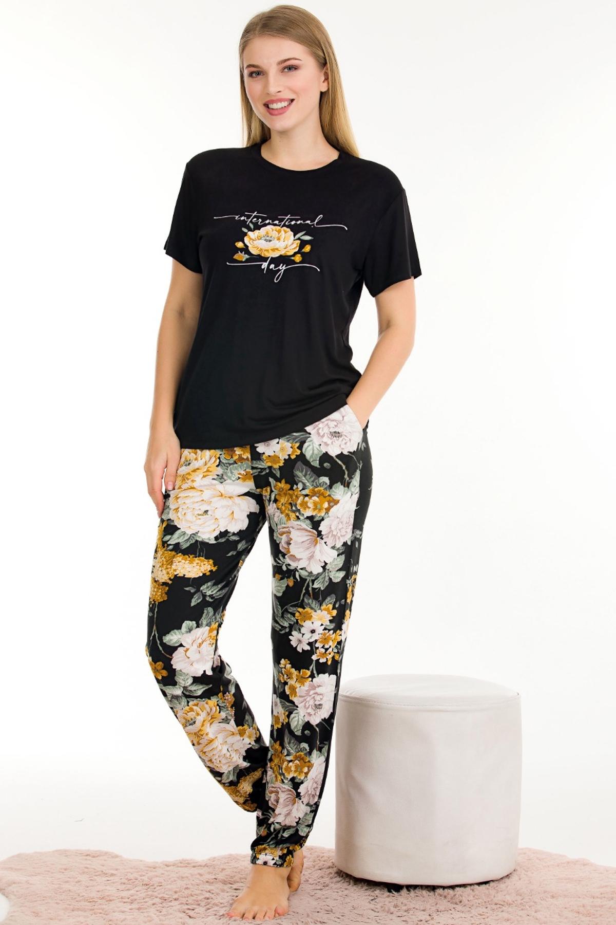 Çiçek Desenli Pamuklu Kısa Kol Pijama Takımı Lady 12550 - Siyah