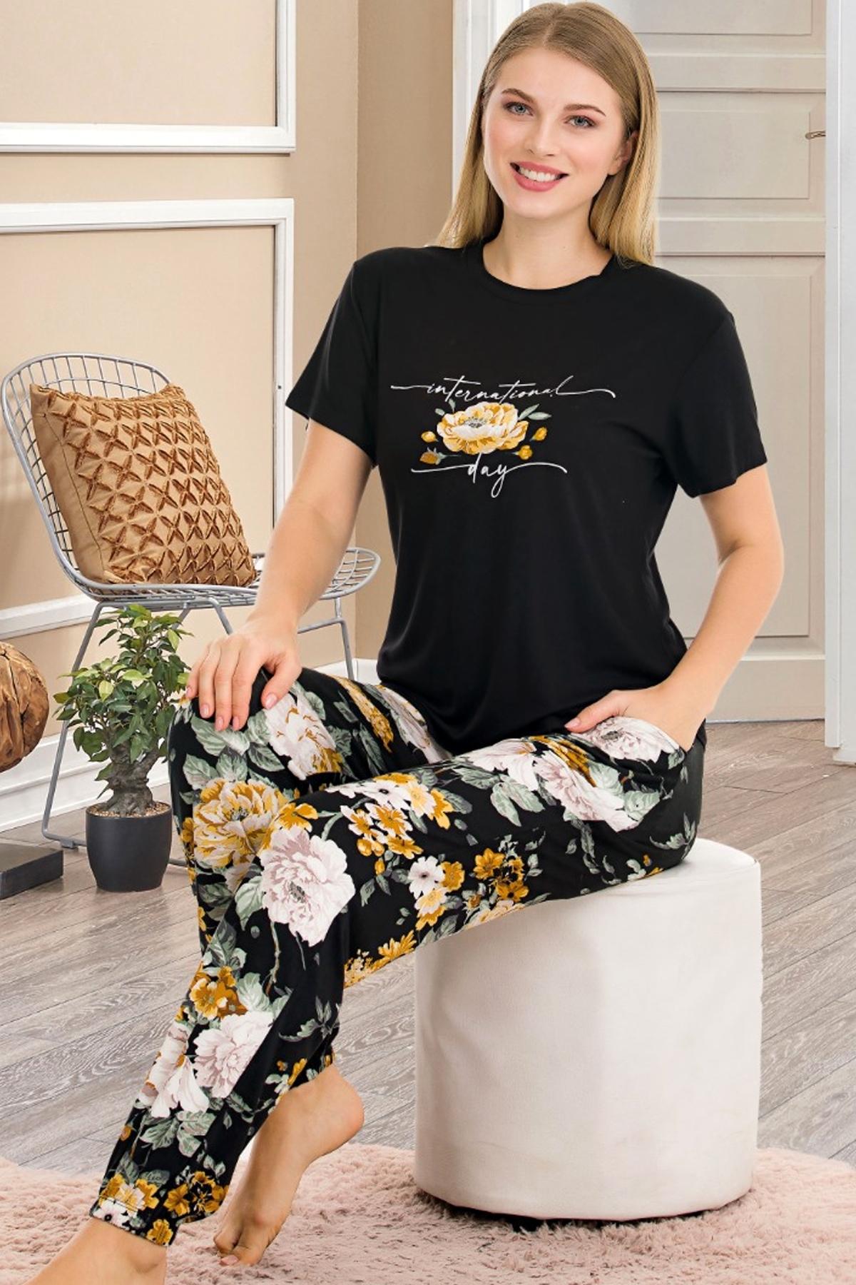 Çiçek Desenli Pamuklu Kısa Kol Pijama Takımı Lady 12550 - Siyah