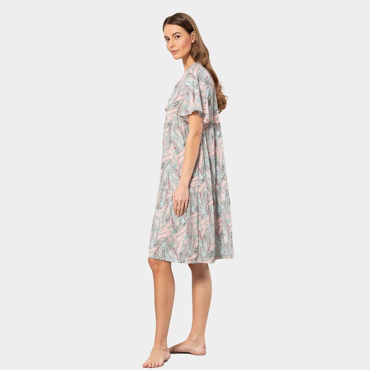 Çiçek Desenli Pamuk Modal Kısa Kollu Kadın Elbise Türen 3396 - Gri