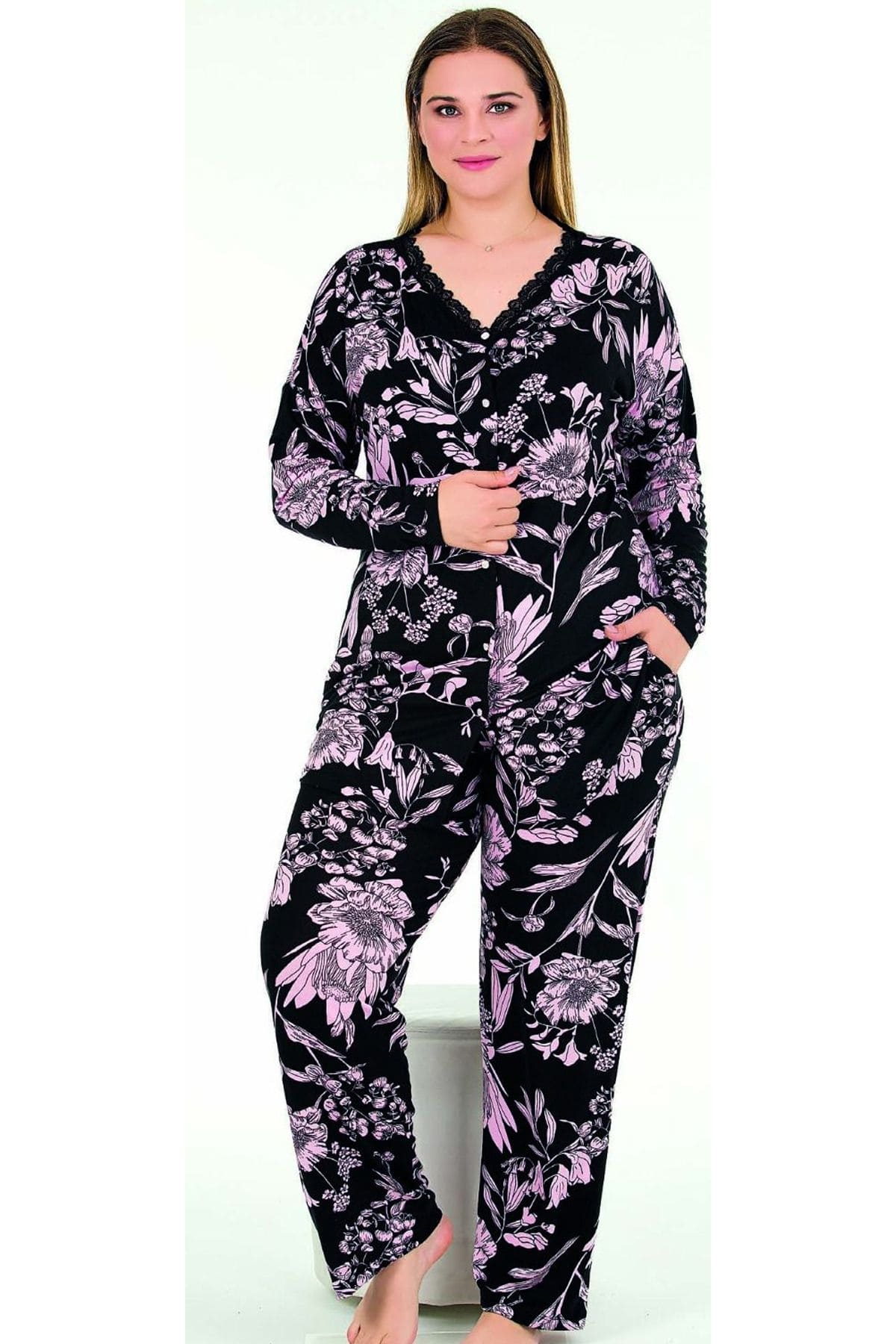 Çiçek Desenli Viskon Pijama Takımı Lady 11373 - Siyah
