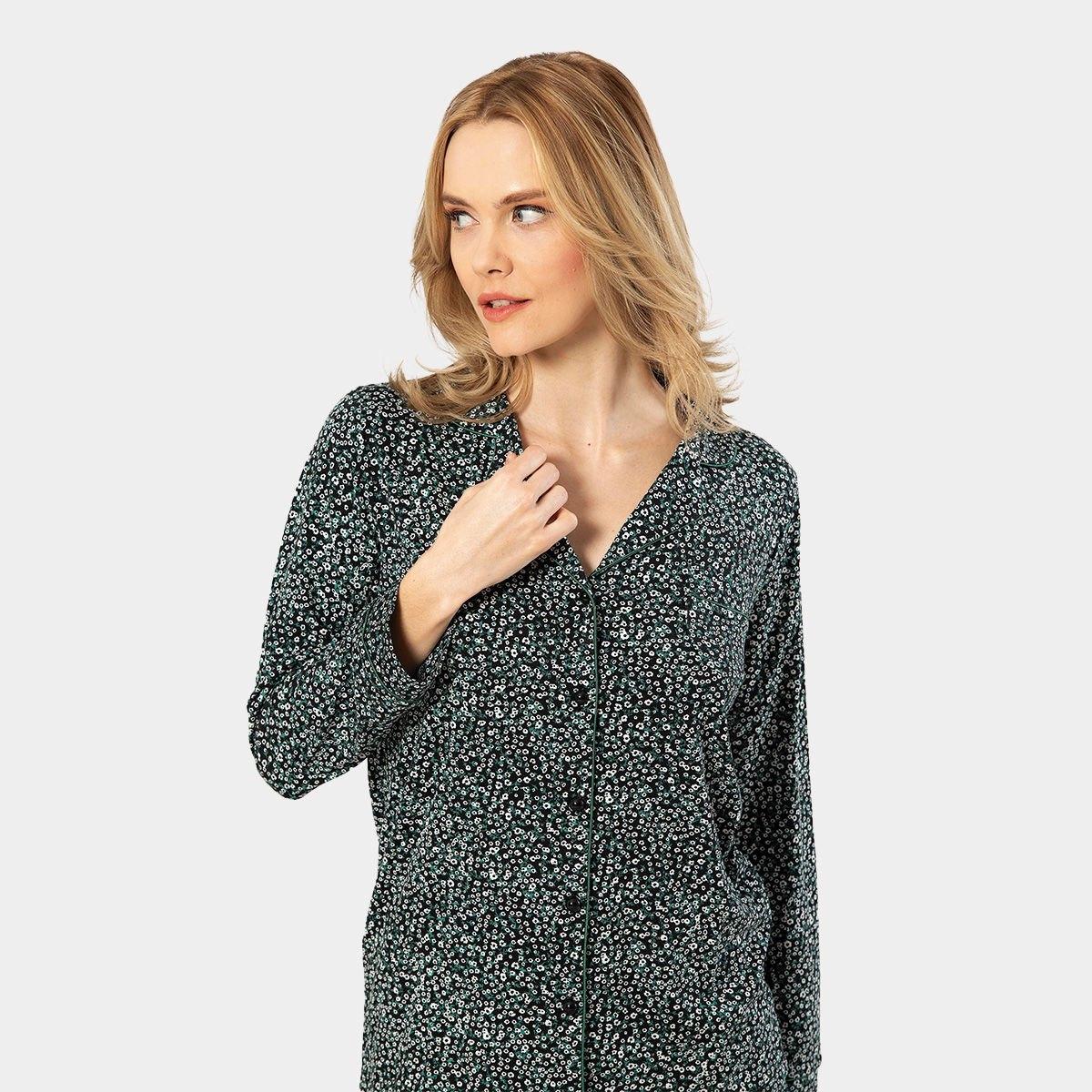 Çiçek Desenli Düğmeli Uzun Kollu Pijama Takımı Türen 3379 - Yeşil