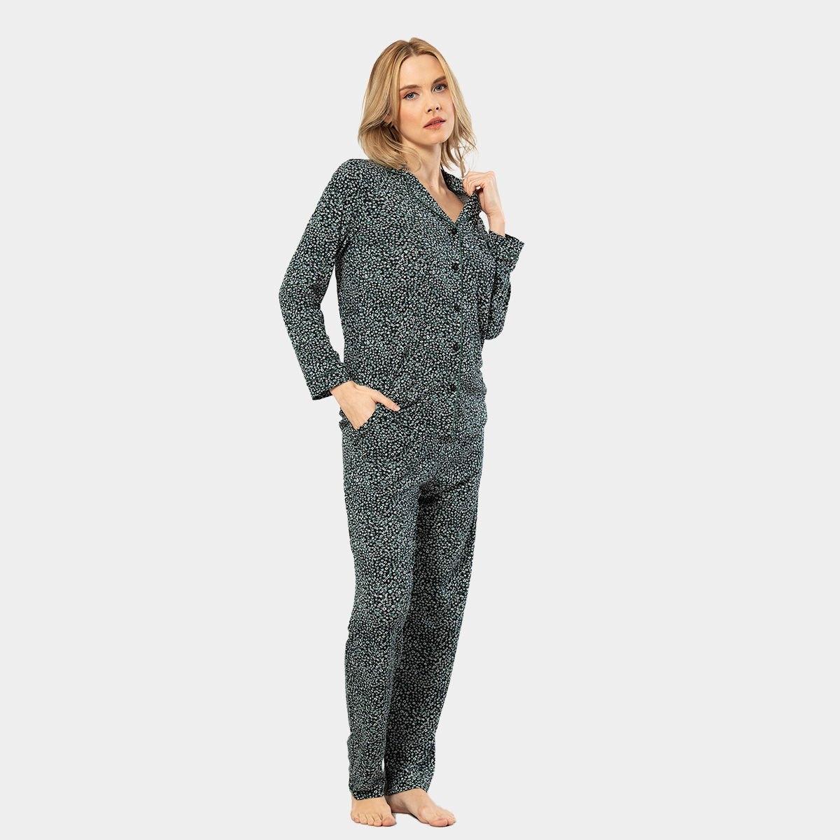 Çiçek Desenli Düğmeli Uzun Kollu Pijama Takımı Türen 3379 - Yeşil