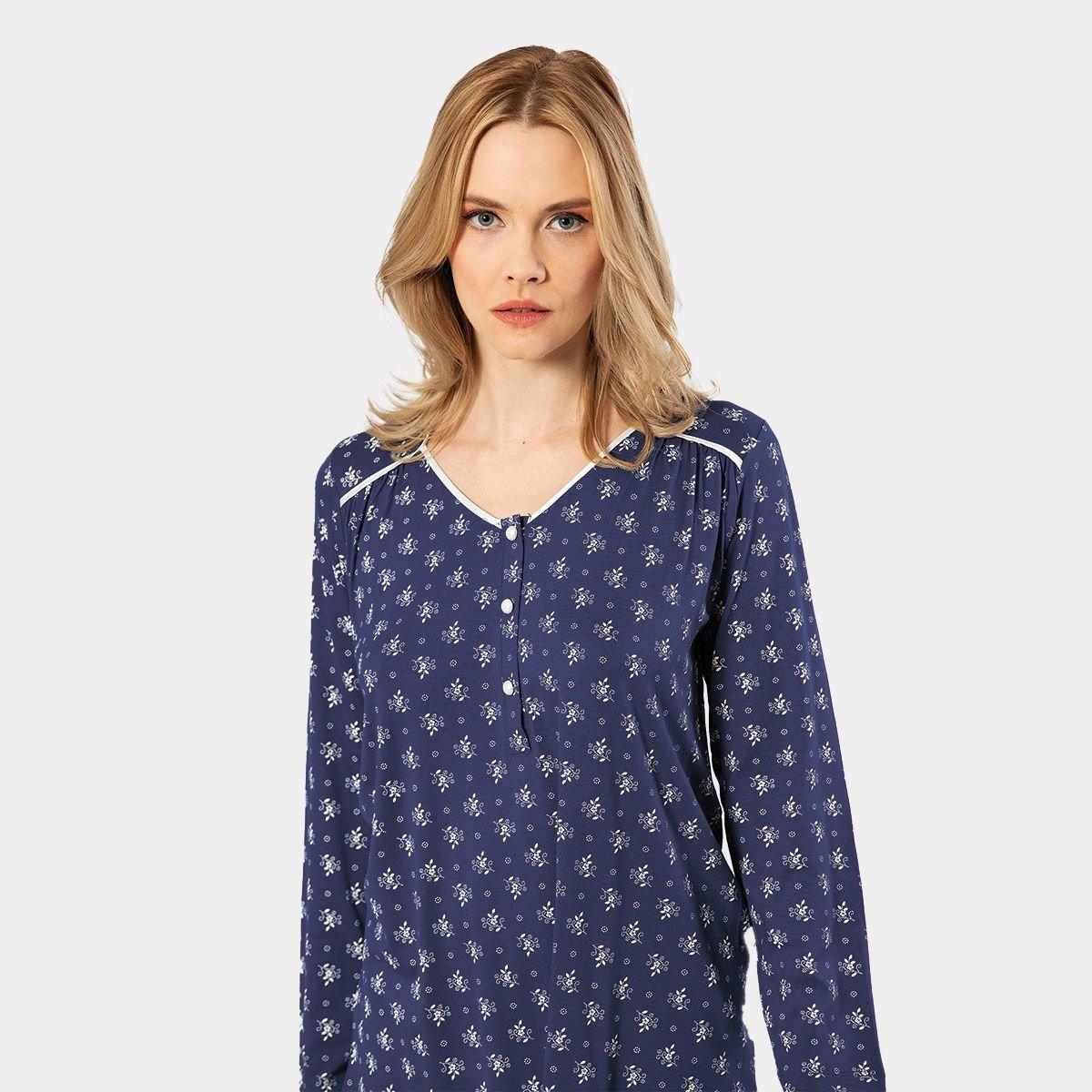 Pamuklu Patlı Çiçek Desenli Uzun Kollu Pijama Takımı Türen 3382 - Lacivert