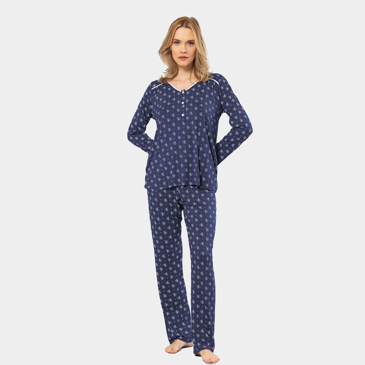 Türen Pamuklu Patlı Çiçek Desenli Uzun Kollu Pijama Takımı Türen 3382