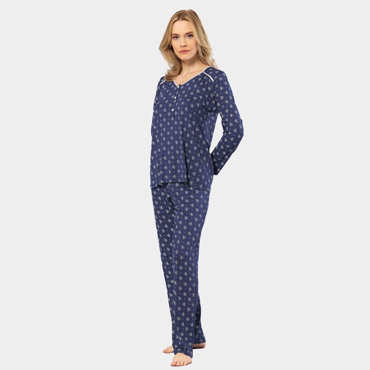 Pamuklu Patlı Çiçek Desenli Uzun Kollu Pijama Takımı Türen 3382 - Lacivert
