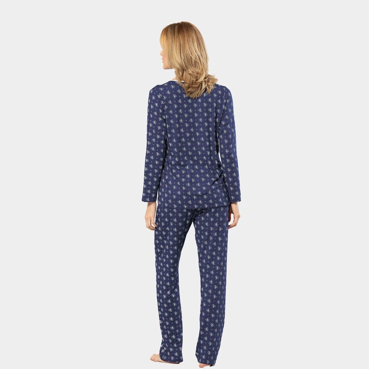 Pamuklu Patlı Çiçek Desenli Uzun Kollu Pijama Takımı Türen 3382 - Lacivert